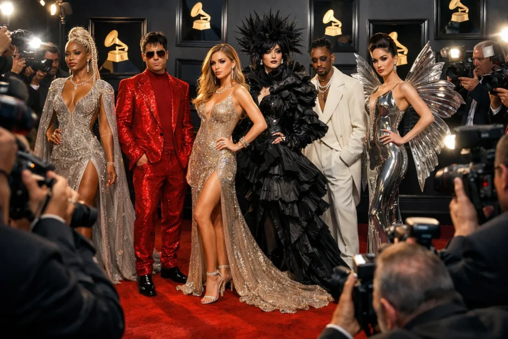 Iconic Grammy outfits on the red carpet with glamorous celebrity fashion