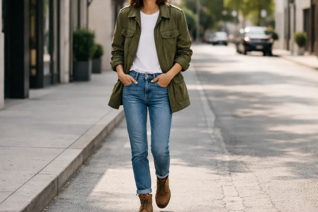 olive green field jacket casual outfit