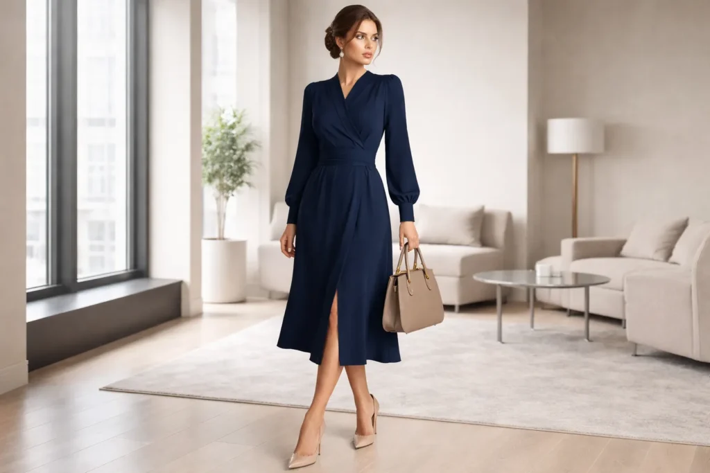 navy long sleeve blue dress office outfit