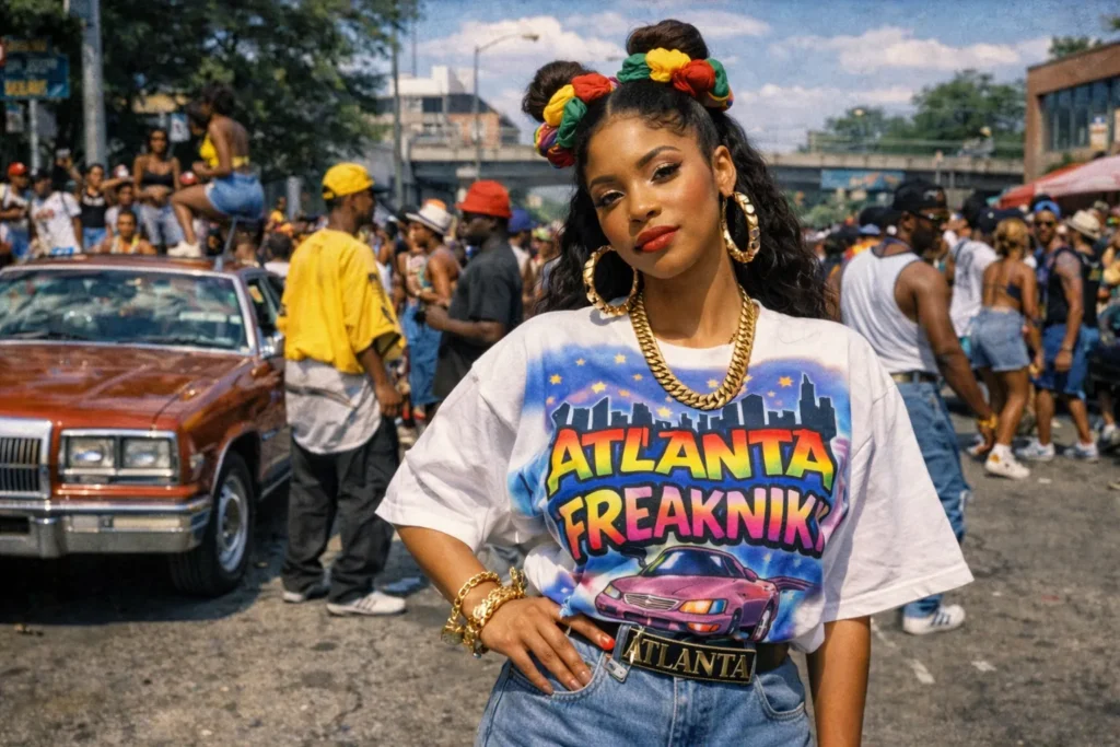 Women’s Freaknik outfits with airbrushed shirt and denim shorts