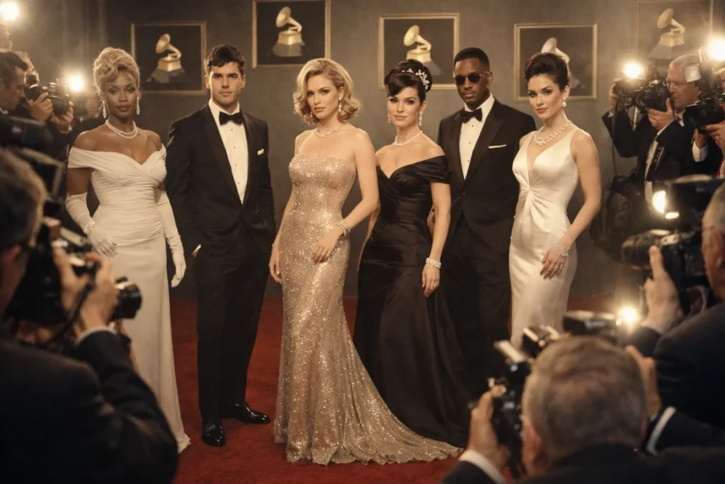 Vintage Grammy outfits featuring classic tuxedos and elegant gowns