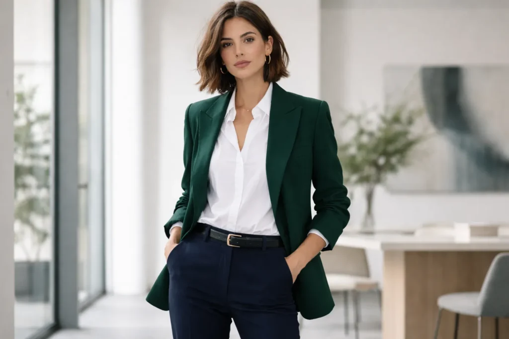 emerald green blazer office outfit