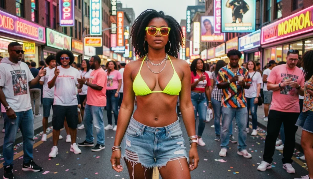 Freaknik outfit featuring bikini top and denim shorts