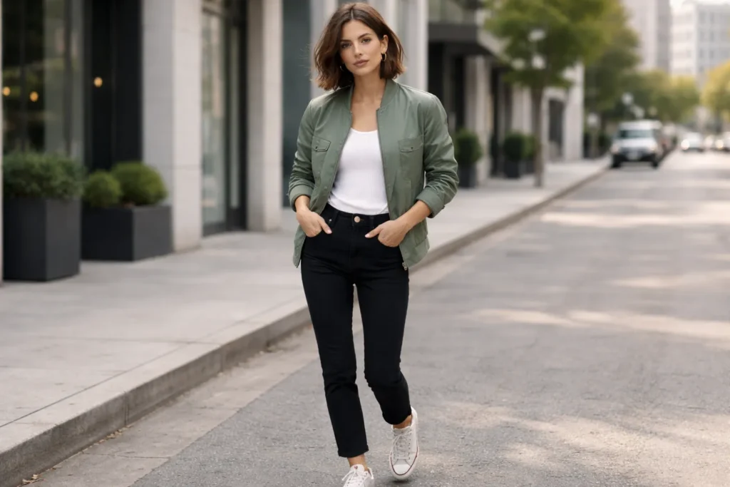 sage green bomber jacket street style