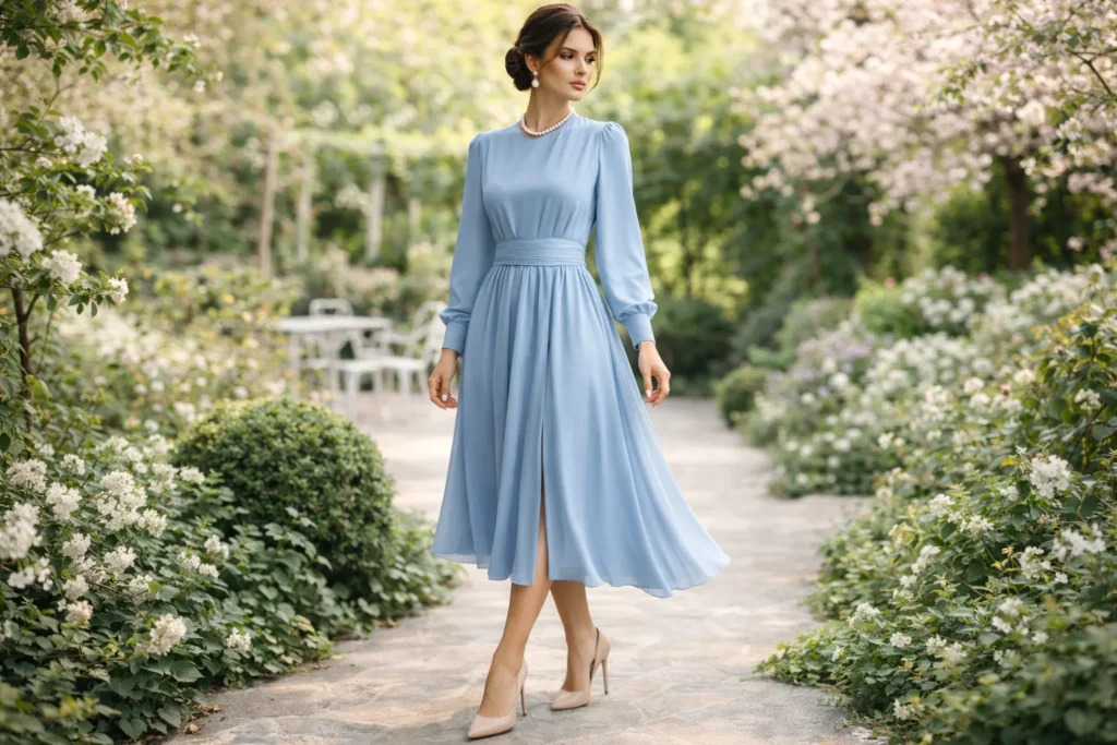 light blue long sleeve dress daytime outfit