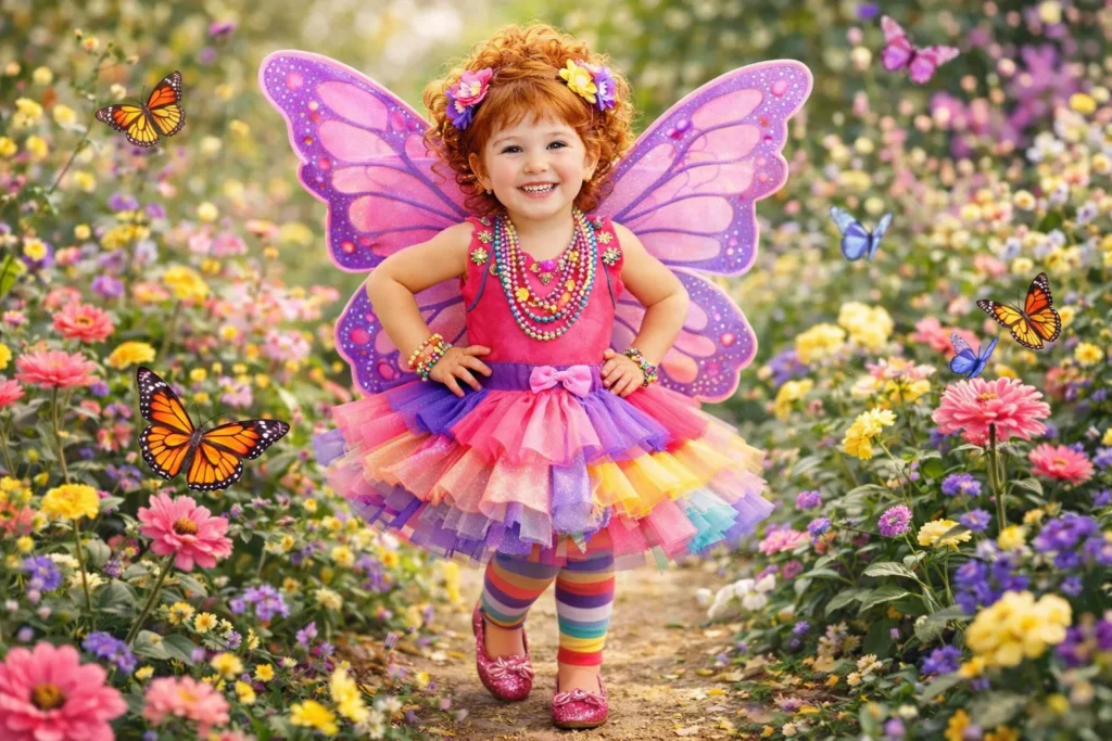 Fancy Nancy butterfly costume with wings and floral accessories