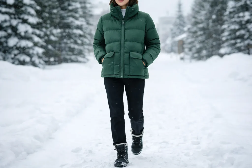 forest green puffer jacket winter outfit