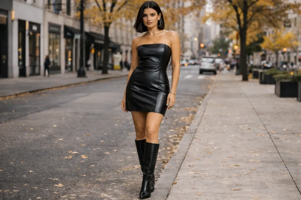 black leather mini dress with boots