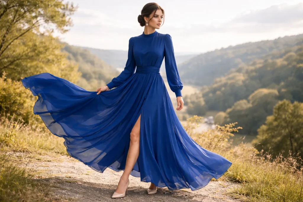 long sleeve blue maxi dress style