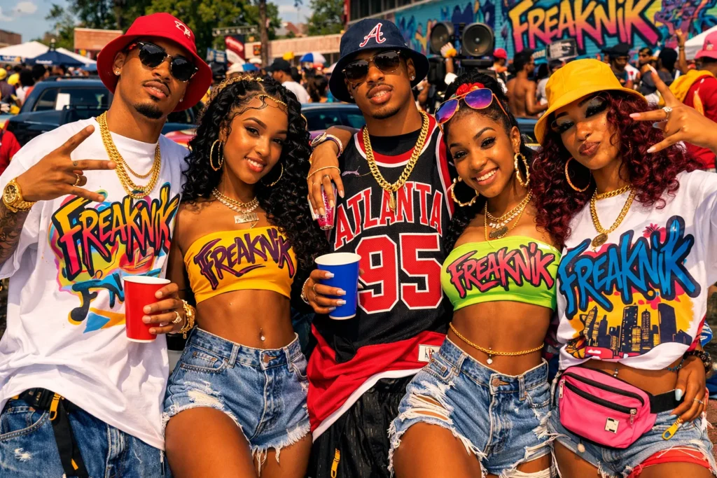 Group wearing 90s Freaknik streetwear outfits
