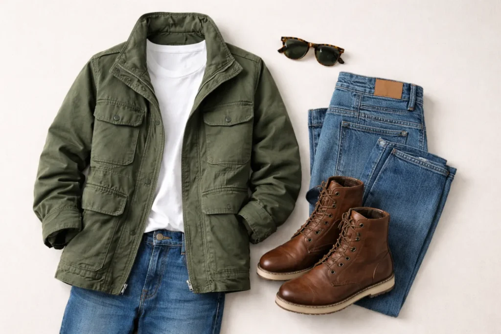 green jacket outfit flat lay styling