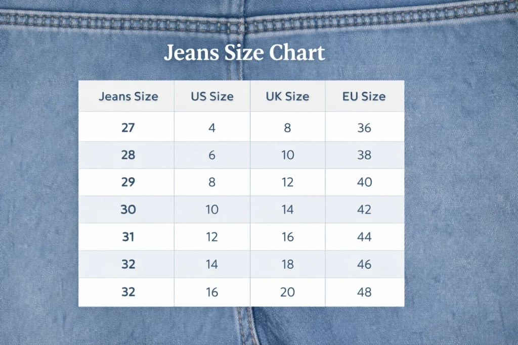 size 30 jeans US UK EU conversion chart