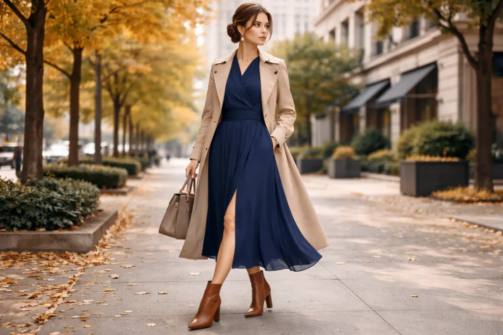 long sleeve blue midi dress with boots
