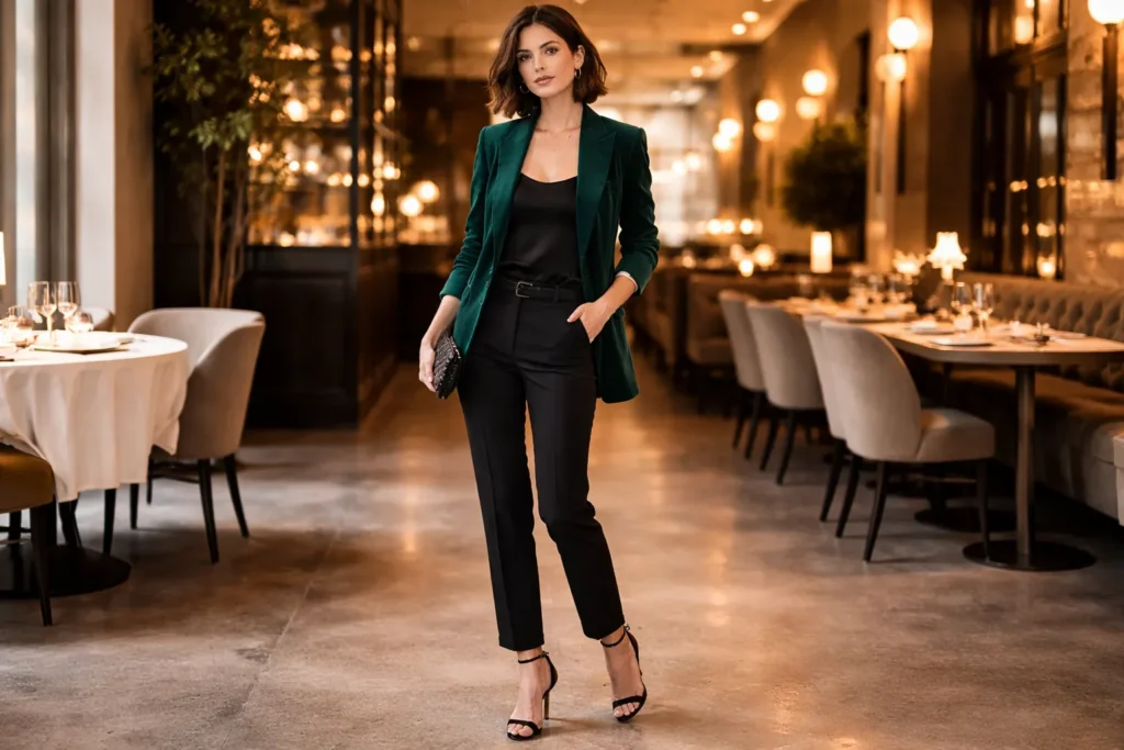 emerald green jacket evening outfit