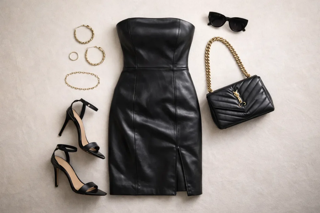 leather dress outfit accessories flat lay