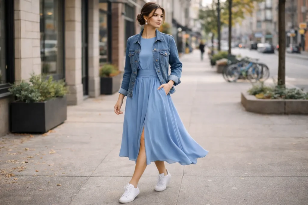 casual long sleeve blue dress outfit