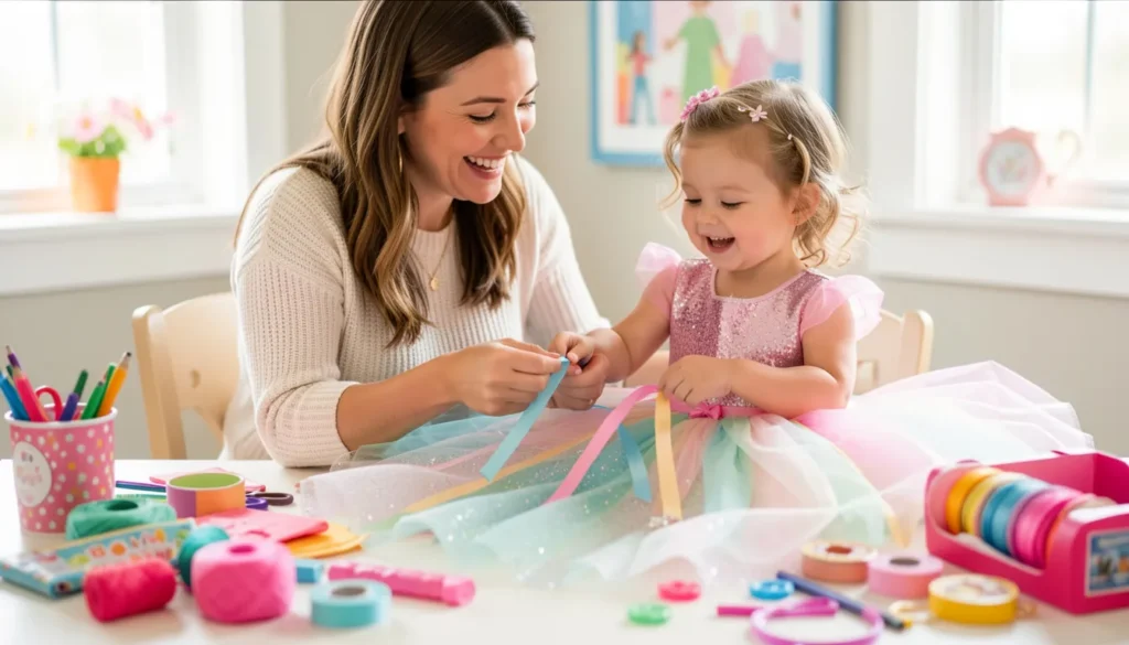 DIY Fancy Nancy outfit creation using colorful craft materials