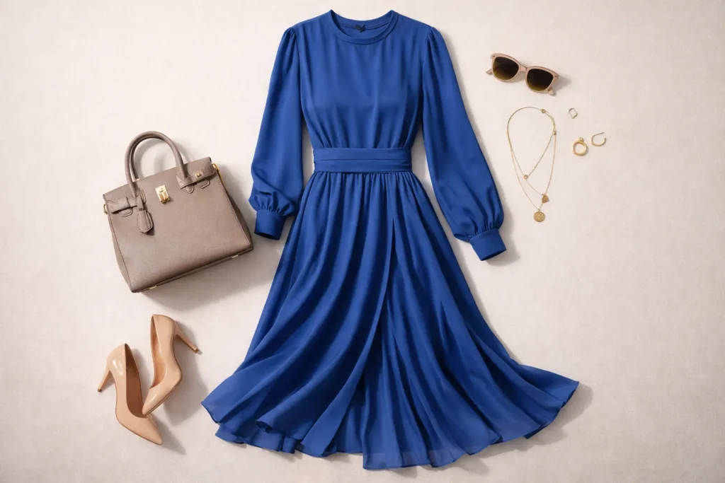 long sleeve blue dress outfit flat lay