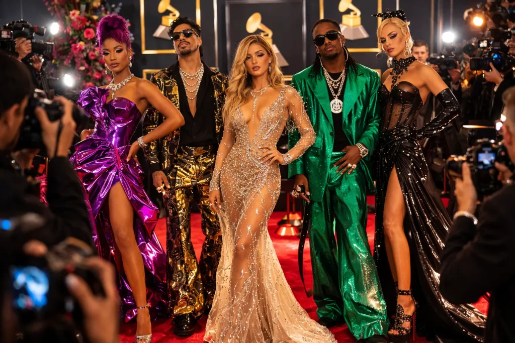 Modern Grammy outfits showcasing bold red carpet fashion trends