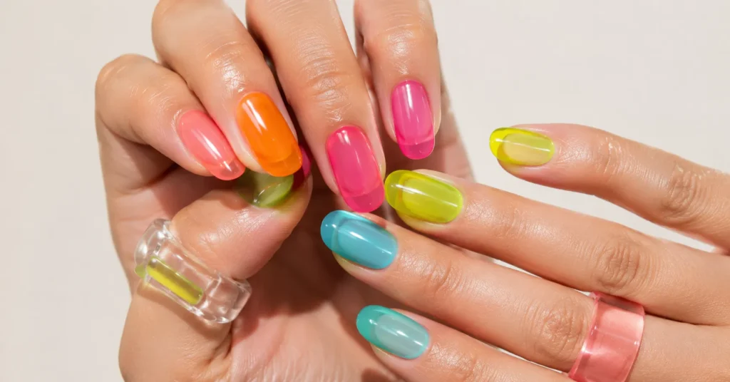 Jelly Nails: The Complete Guide to Trendy Colors, Designs & Styling Ideas 7 90s-inspired bright jelly nails in colorful translucent shades.