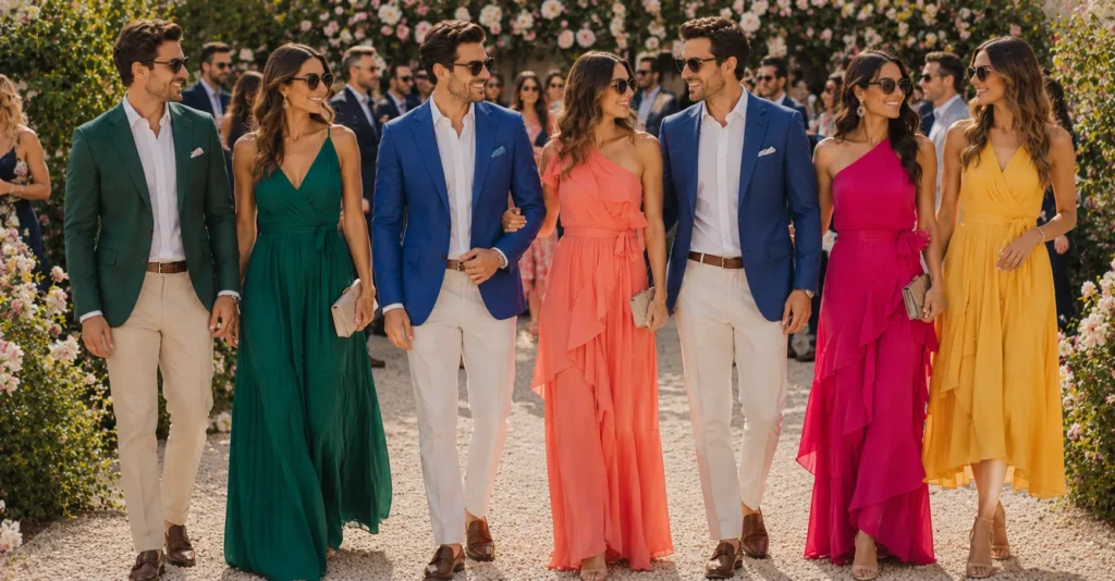 Spring Wedding Outfit: What to Wear for Every Dress Code, Venue & Weather Twist 8 Bold color inspiration from the Spring Wedding Outfit Style Guide.