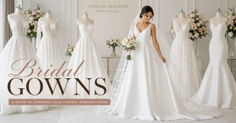 Guide to Choosing Bridal Gowns featuring elegant bridal dress silhouettes in a luxury bridal boutique.