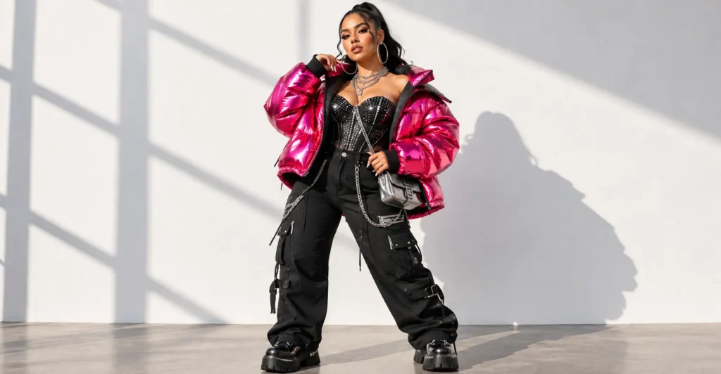 Cardi B Concert Outfits featuring bold metallic statement outerwear and layered concert fashion