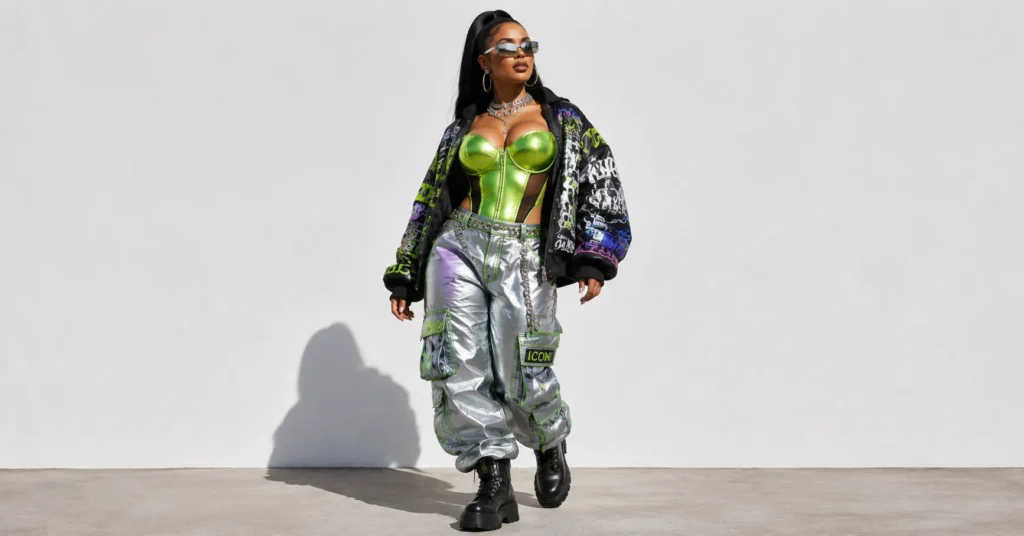 Cardi B Concert Outfits featuring edgy streetwear, reflective cargo pants, and an oversized bomber jacket