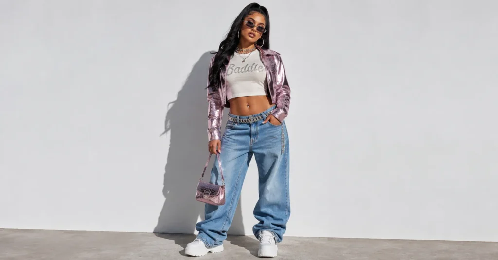 Cardi B Concert Outfits with Y2K hip-hop glam, rhinestones, baggy denim, and statement accessories