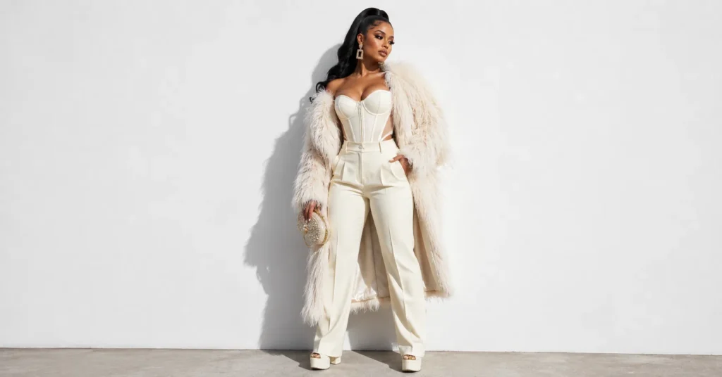 Cardi B Concert Outfits with a high-fashion couture-inspired corset, tailored trousers, and statement coat