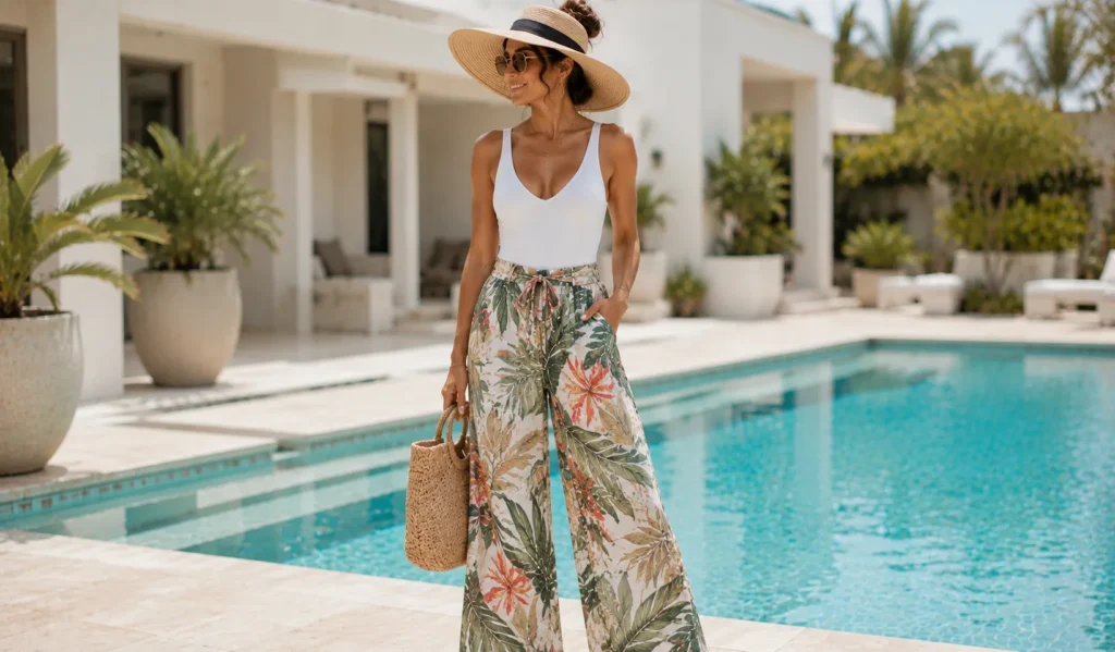 Pool Party Outfits: The Complete Guide to Effortless Summer Style 11 Chic Pool Party Outfits with a one-piece swimsuit styled with flowing palazzo pants.