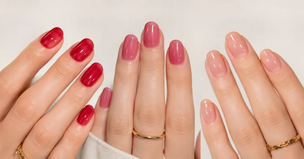 Jelly Nails: The Complete Guide to Trendy Colors, Designs & Styling Ideas 5 Classic red and pink jelly nails with a glossy translucent finish.