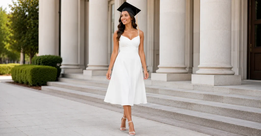 The Perfect White Graduation Dress: Styles, Trends & Tips 4 Elegant midi White Graduation Dress for a sophisticated graduation look.