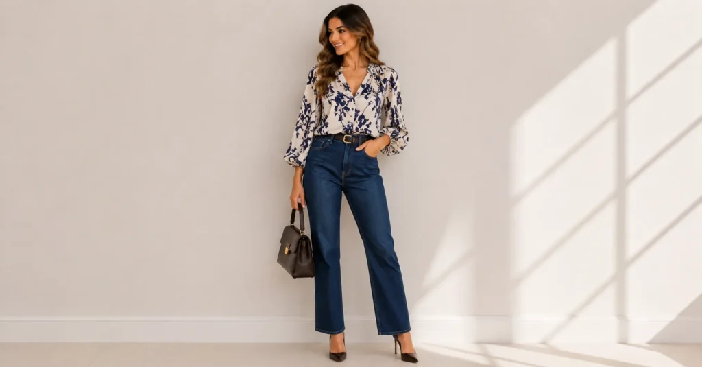 21st Birthday Outfit Ideas featuring elevated denim styled with a statement blouse.