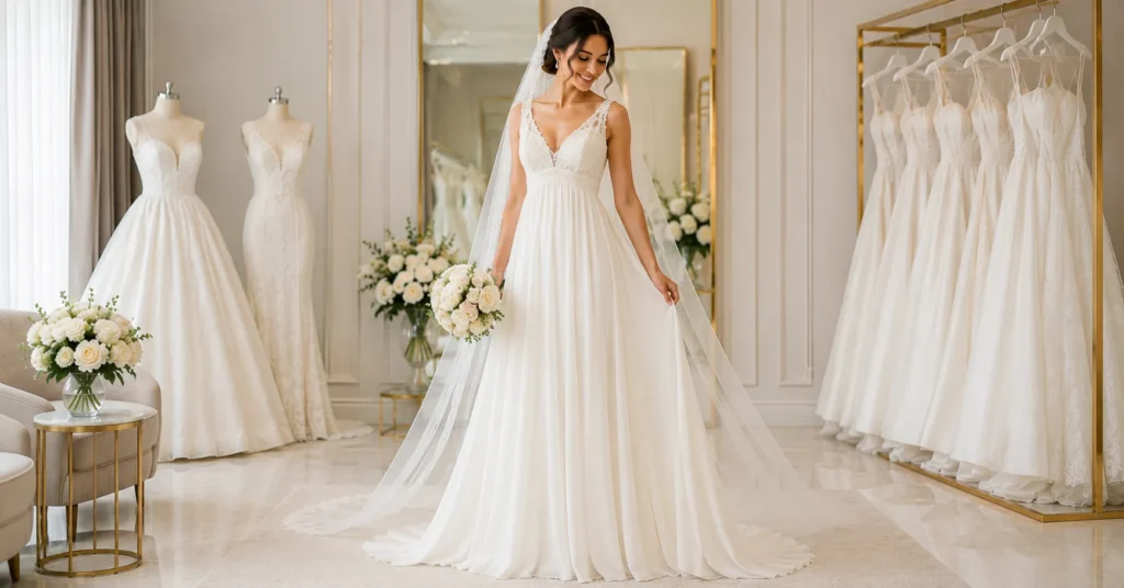 Guide to Choosing Bridal Gowns featuring an Empire Waist wedding dress.
