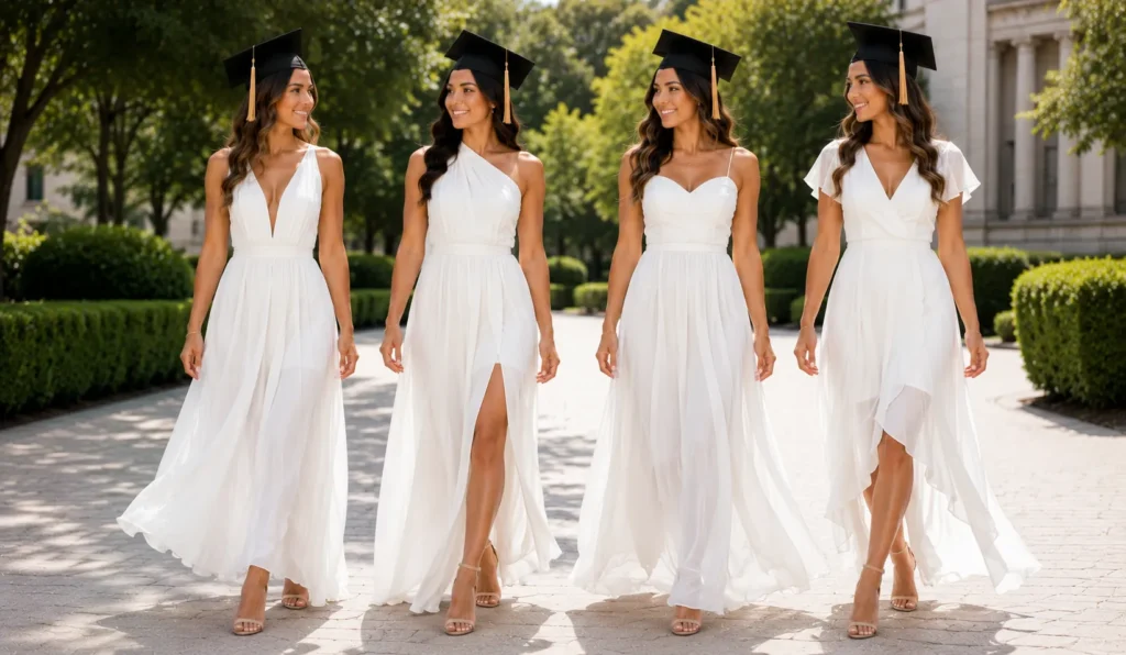 The Perfect White Graduation Dress: Styles, Trends & Tips 10 Flowy chiffon and tulle White Graduation Dress with elegant layered styling.