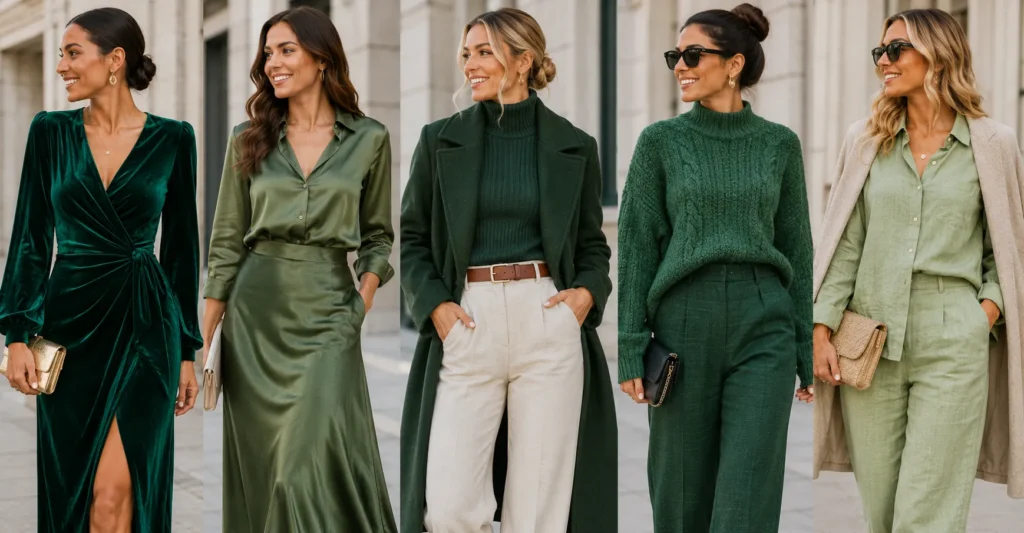 Irish Green Outfits featuring different fabrics and luxury fashion textures
