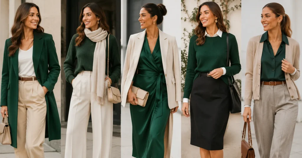 Irish Green Outfits styled with classic neutral colors for elegant looks