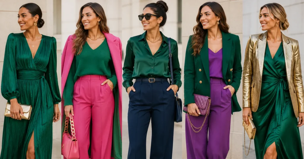 Irish Green Outfits with bold complementary colors and fashion combinations