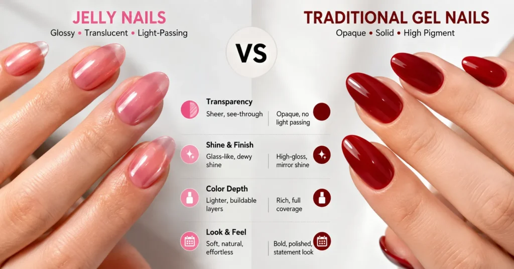 Jelly Nails: The Complete Guide to Trendy Colors, Designs & Styling Ideas 3 Jelly nails compared with traditional opaque nail polish finishes.
