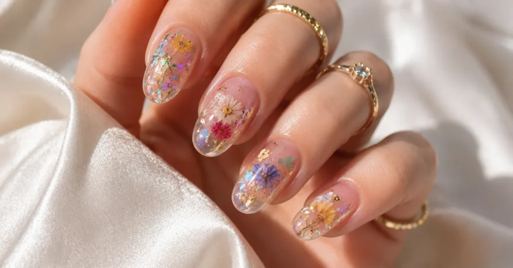 Jelly Nails: The Complete Guide to Trendy Colors, Designs & Styling Ideas 10 Jelly nails featuring encapsulated floral and glitter nail art designs