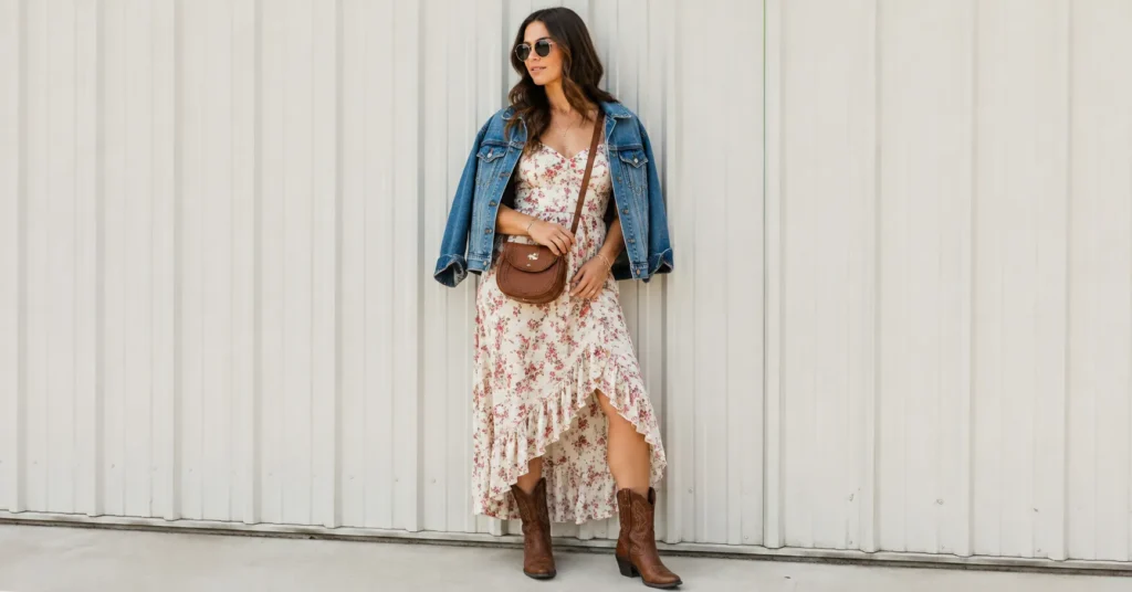 Luke Bryan Concert Outfit Ideas: Boots, Denim & Country Style 9 Luke Bryan Concert Outfit Ideas featuring a floral sundress, denim jacket, ankle cowboy boots, and feminine country accessories.