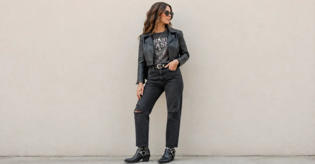 Luke Bryan Concert Outfit Ideas: Boots, Denim & Country Style 10 Luke Bryan Concert Outfit Ideas featuring a graphic tee, black jeans, leather jacket, and edgy western boots.