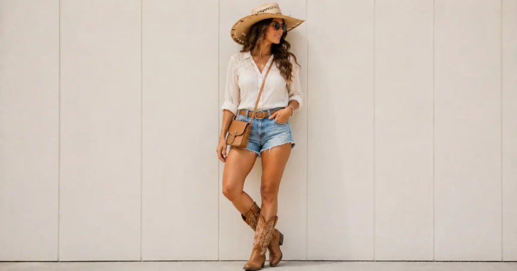 Luke Bryan Concert Outfit Ideas: Boots, Denim & Country Style 17 Luke Bryan Concert Outfit Ideas featuring a straw cowboy hat, sunglasses, breathable clothing, and comfortable boots for sunny concerts.