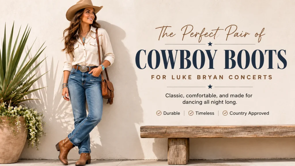 Luke Bryan Concert Outfit Ideas: Boots, Denim & Country Style 5 Luke Bryan Concert Outfit Ideas featuring comfortable leather cowboy boots styled with jeans and a western shirt.