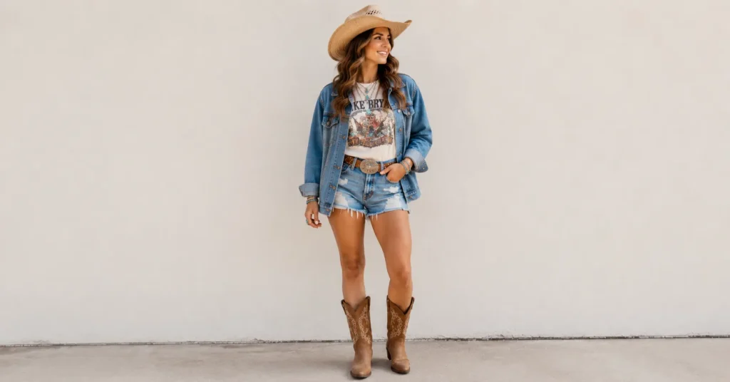 Luke Bryan Concert Outfit Ideas: Boots, Denim & Country Style 6 Luke Bryan Concert Outfit Ideas featuring denim shorts, a graphic tee, cowboy boots, and a classic denim jacket.