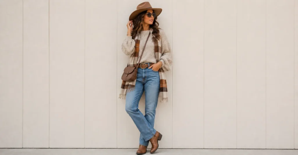 Luke Bryan Concert Outfit Ideas: Boots, Denim & Country Style 15 Luke Bryan Concert Outfit Ideas for chilly fall and winter shows with a cozy sweater, jeans, boots, and felt hat.