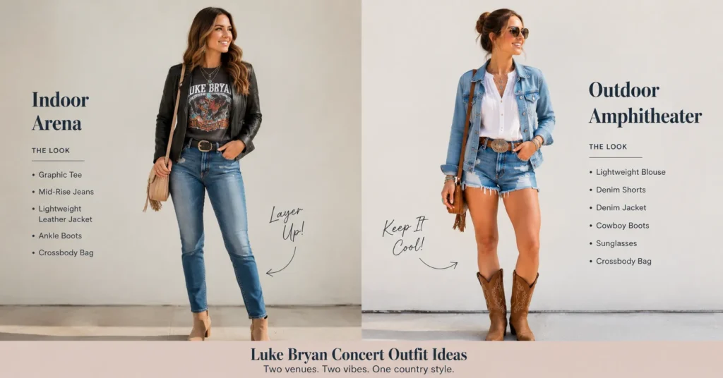 Luke Bryan Concert Outfit Ideas: Boots, Denim & Country Style 4 Luke Bryan Concert Outfit Ideas for indoor arenas and outdoor amphitheaters with practical layers and country-inspired fashion.