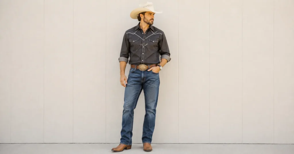Luke Bryan Concert Outfit Ideas: Boots, Denim & Country Style 12 Luke Bryan Concert Outfit Ideas for men featuring straight-leg jeans, a pearl-snap western shirt, leather belt, and cowboy boots.