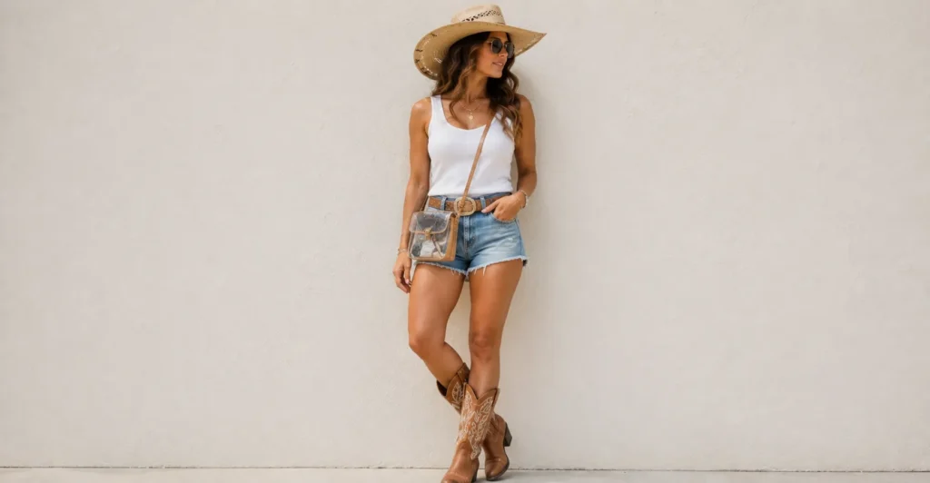 Luke Bryan Concert Outfit Ideas: Boots, Denim & Country Style 14 Luke Bryan Concert Outfit Ideas for summer tailgates featuring breathable clothing, denim shorts, cowboy boots, and a straw hat.